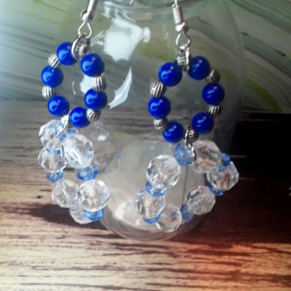 Blue & Clear Beaded Round Earrings Dangling Long Earrings - Picture 3 of 6